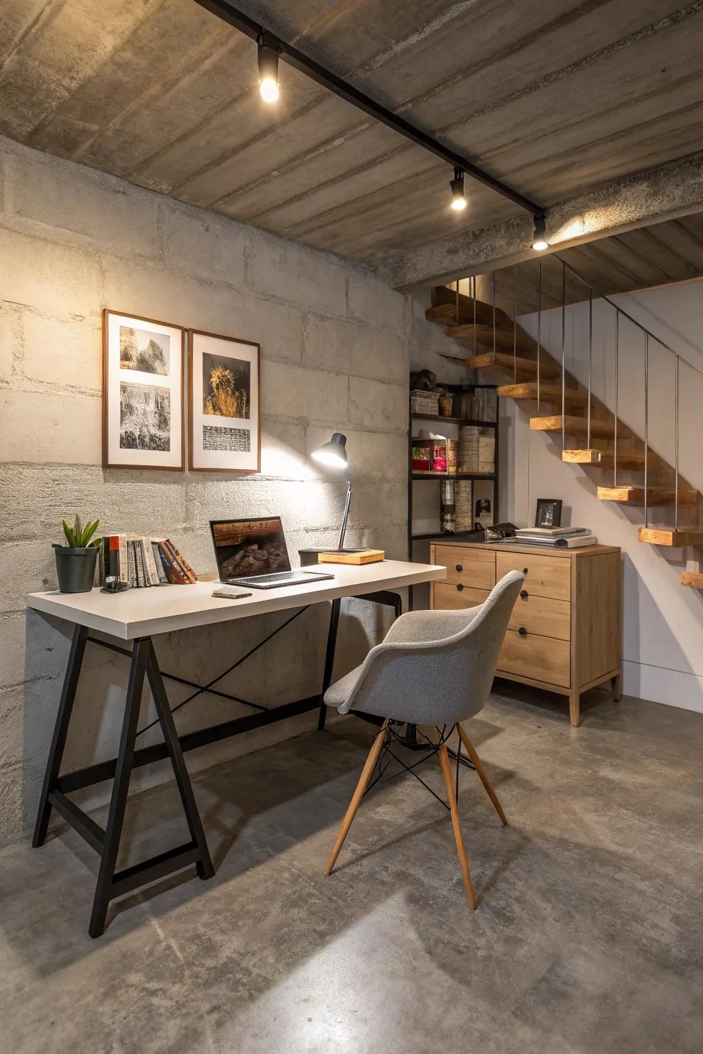 Concrete floors offer a robust base for a chic, functional home office.