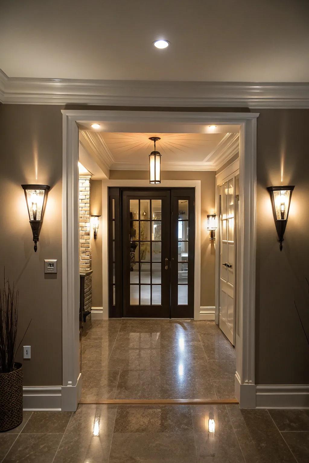 Strategic lighting enhances the visual appeal of the basement door.
