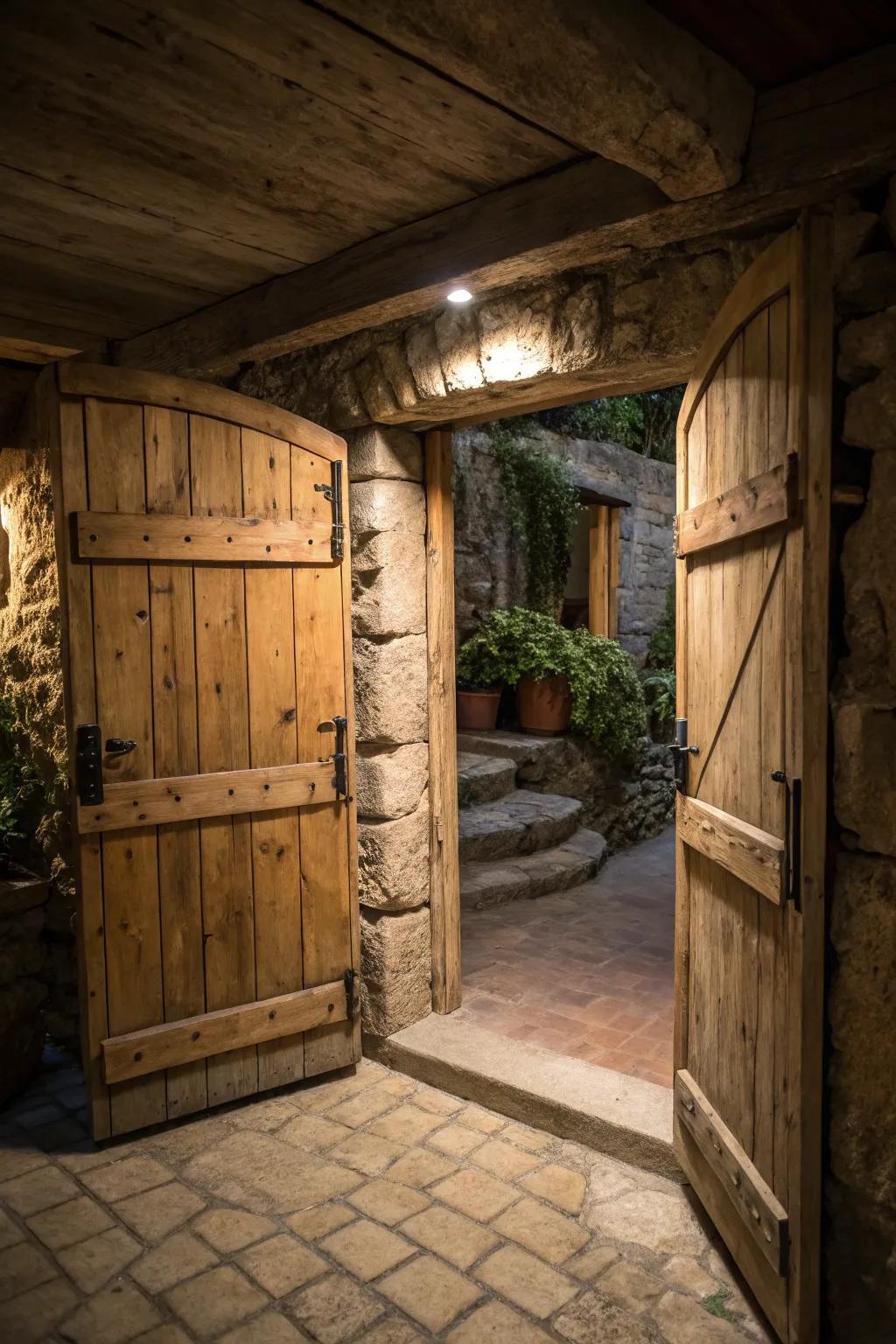Wood doors emanate rustic charm and coziness.