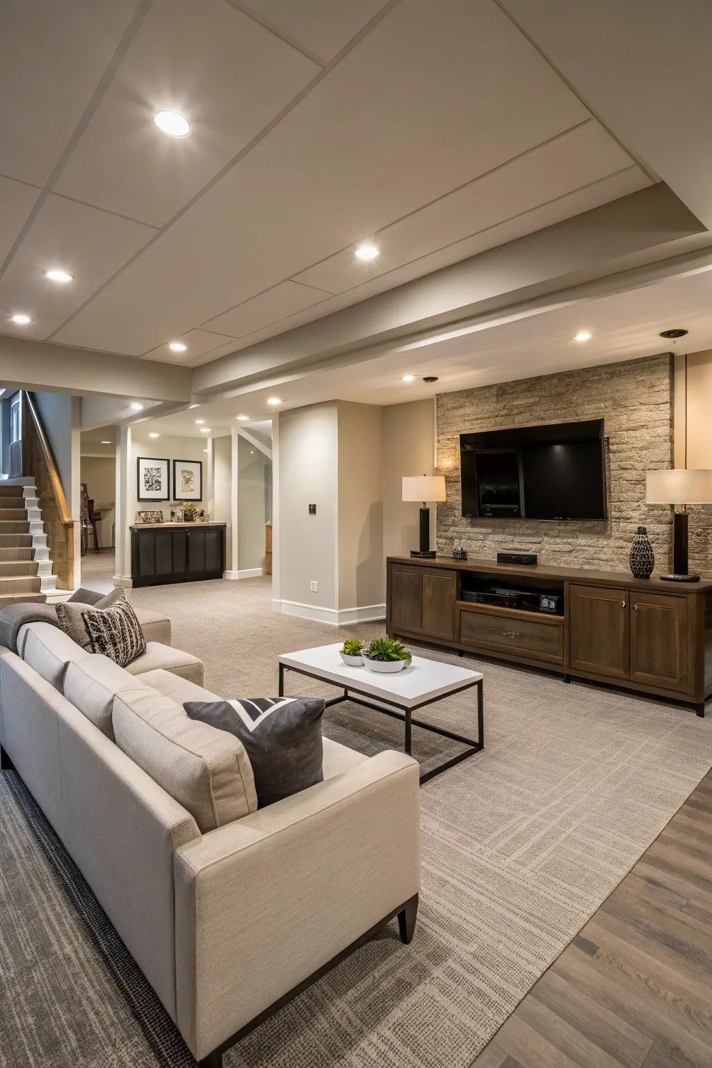 An open design creates a sense of spaciousness in this basement retreat.