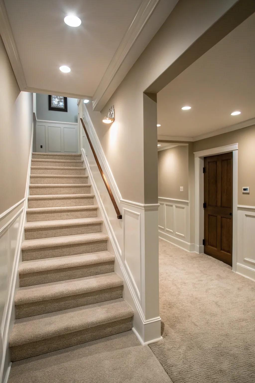 Neutral tones create a serene and cohesive stairwell.