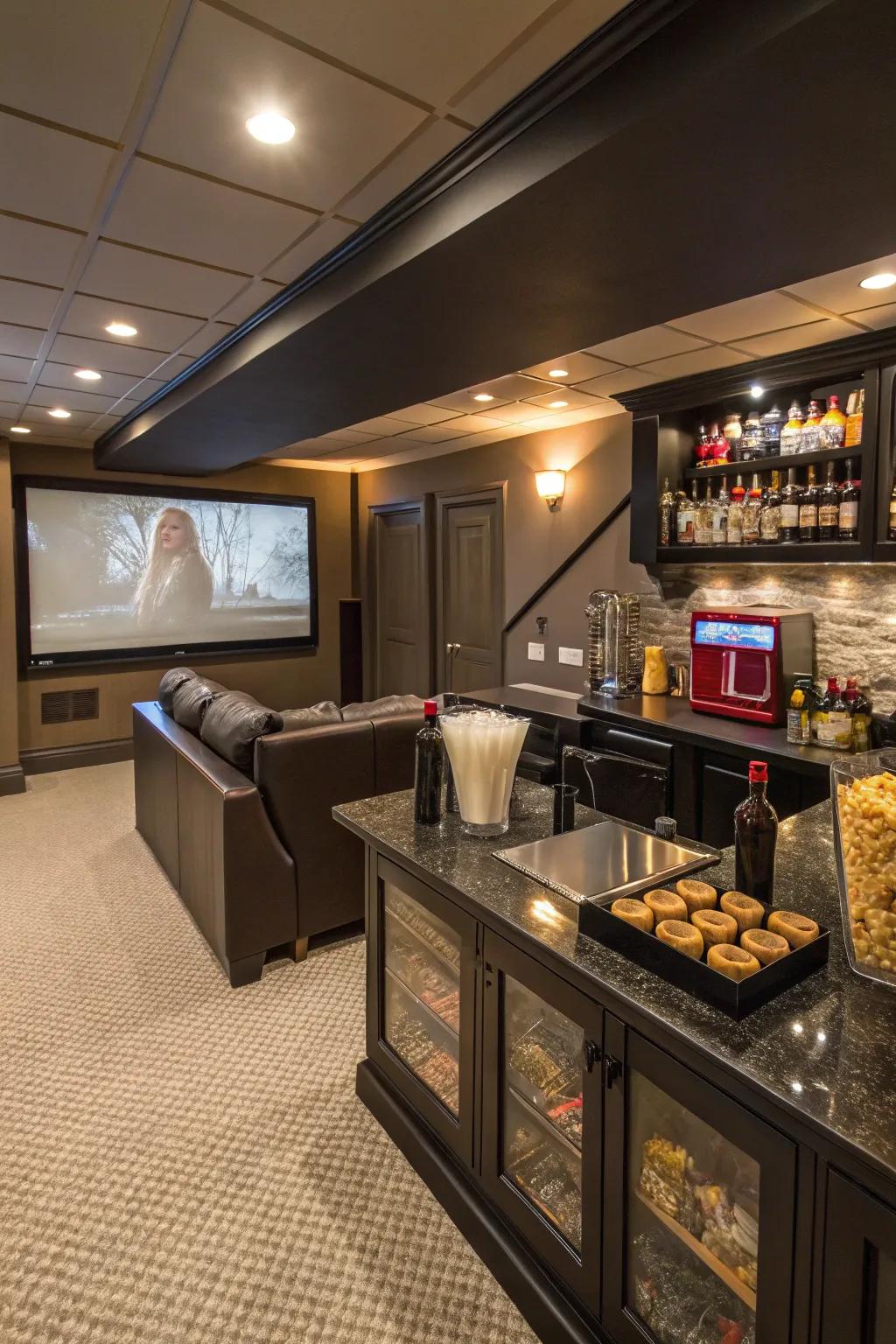 A snack and drink center introduces convenience and a hint of luxury to your home cinema.