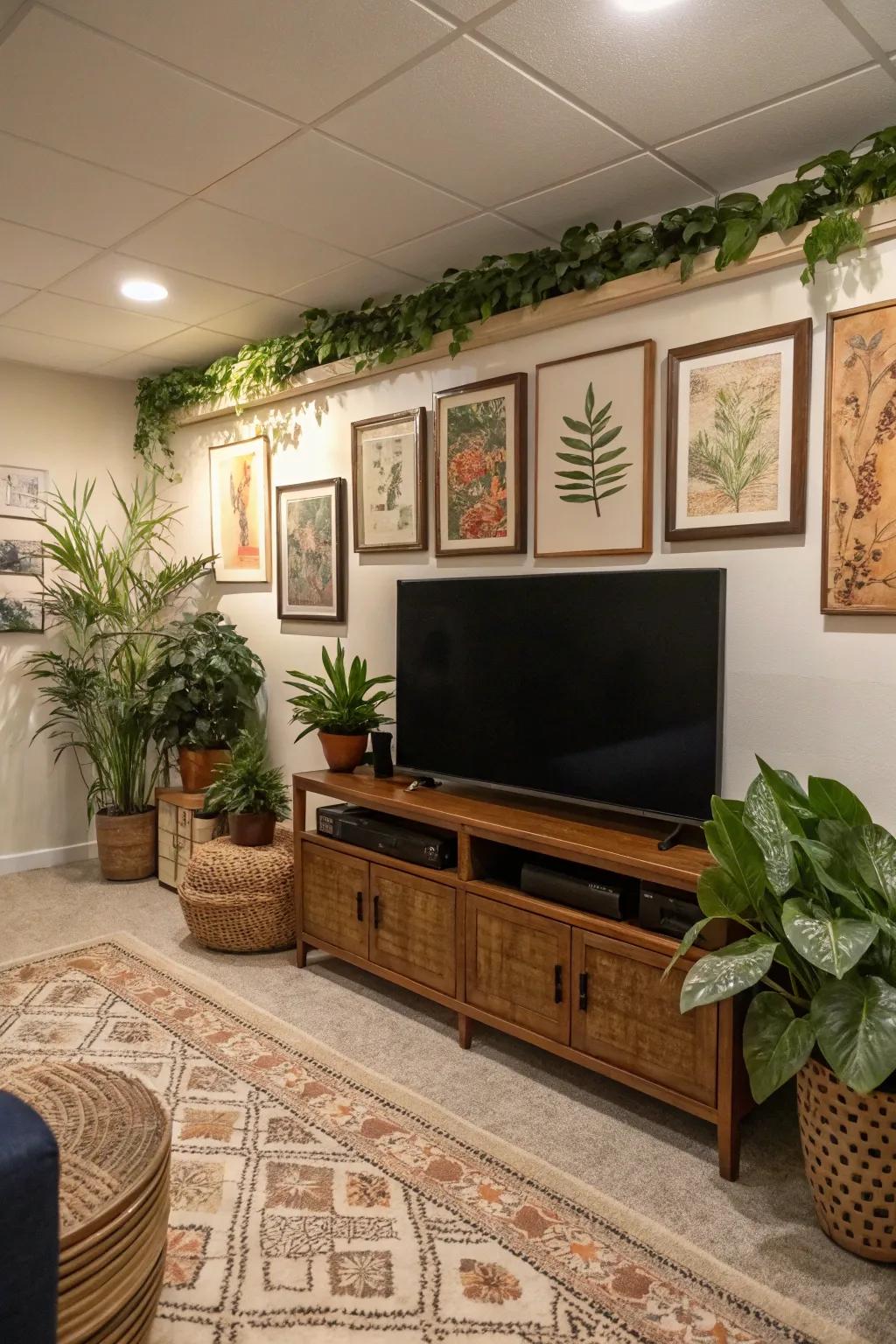 A basement TV wall personalized with decorative artwork and greenery for a hint of style.