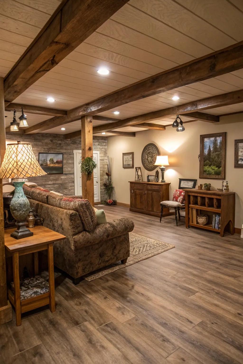 Extensive vinyl plank flooring contributes rustic charm.
