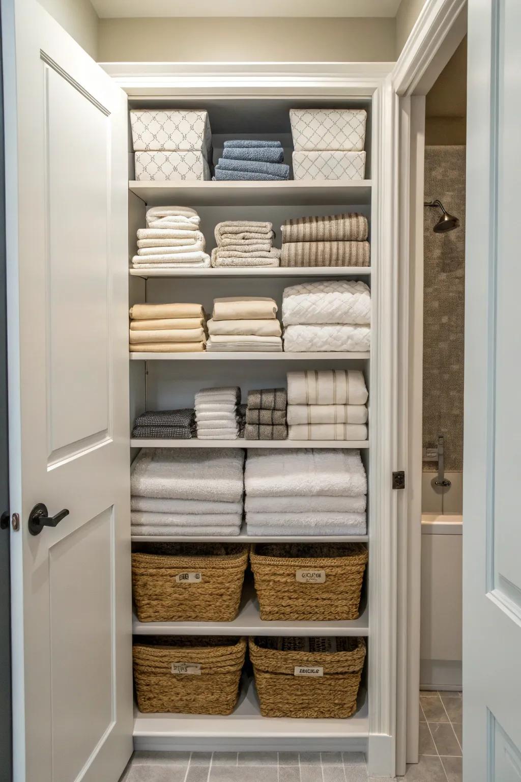 Deep shelves neatly stacked with towels and linens to maximize storage.