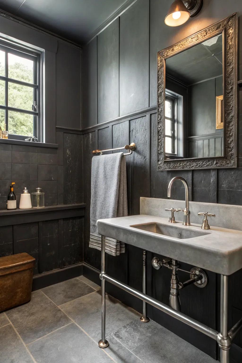 Graphite walls paired with metal fixtures for an industrial vibe.