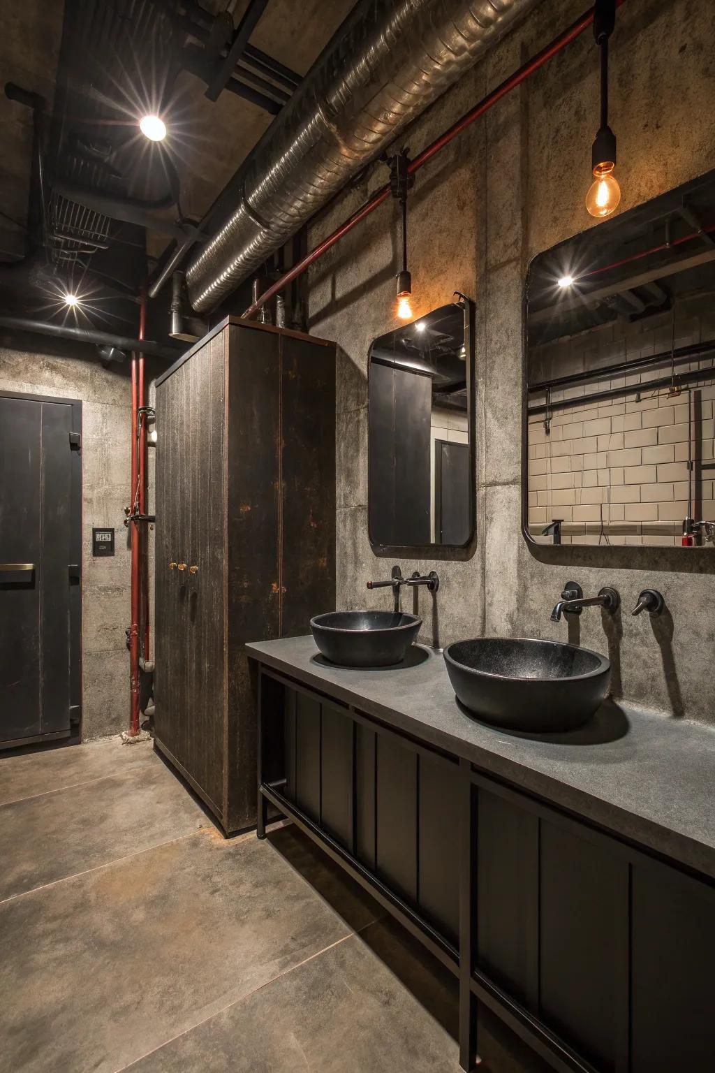 An industrial chic bathroom featuring metal accents and dark shades.