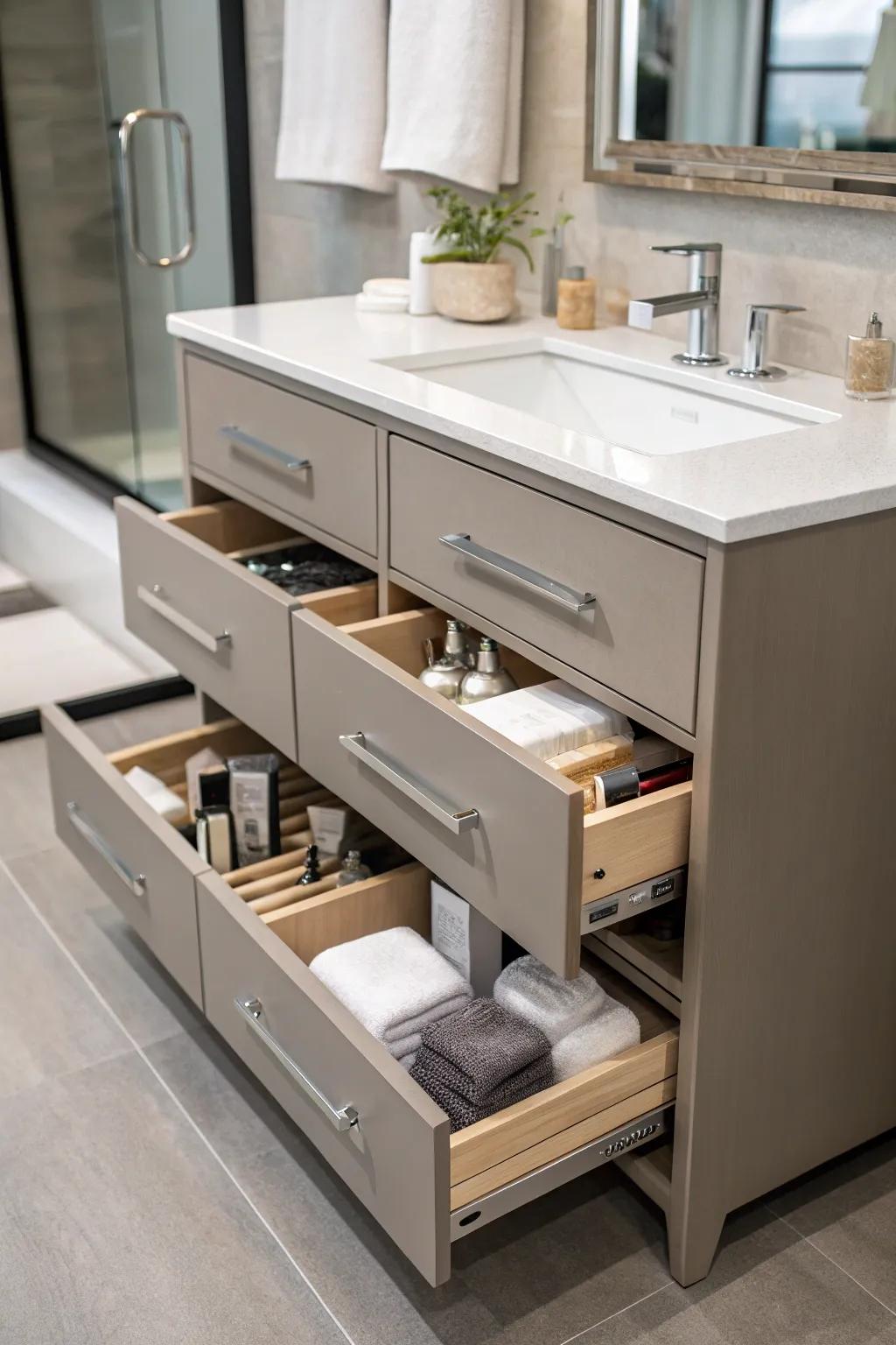 Built-in storage keeps your bathroom chic and organized.