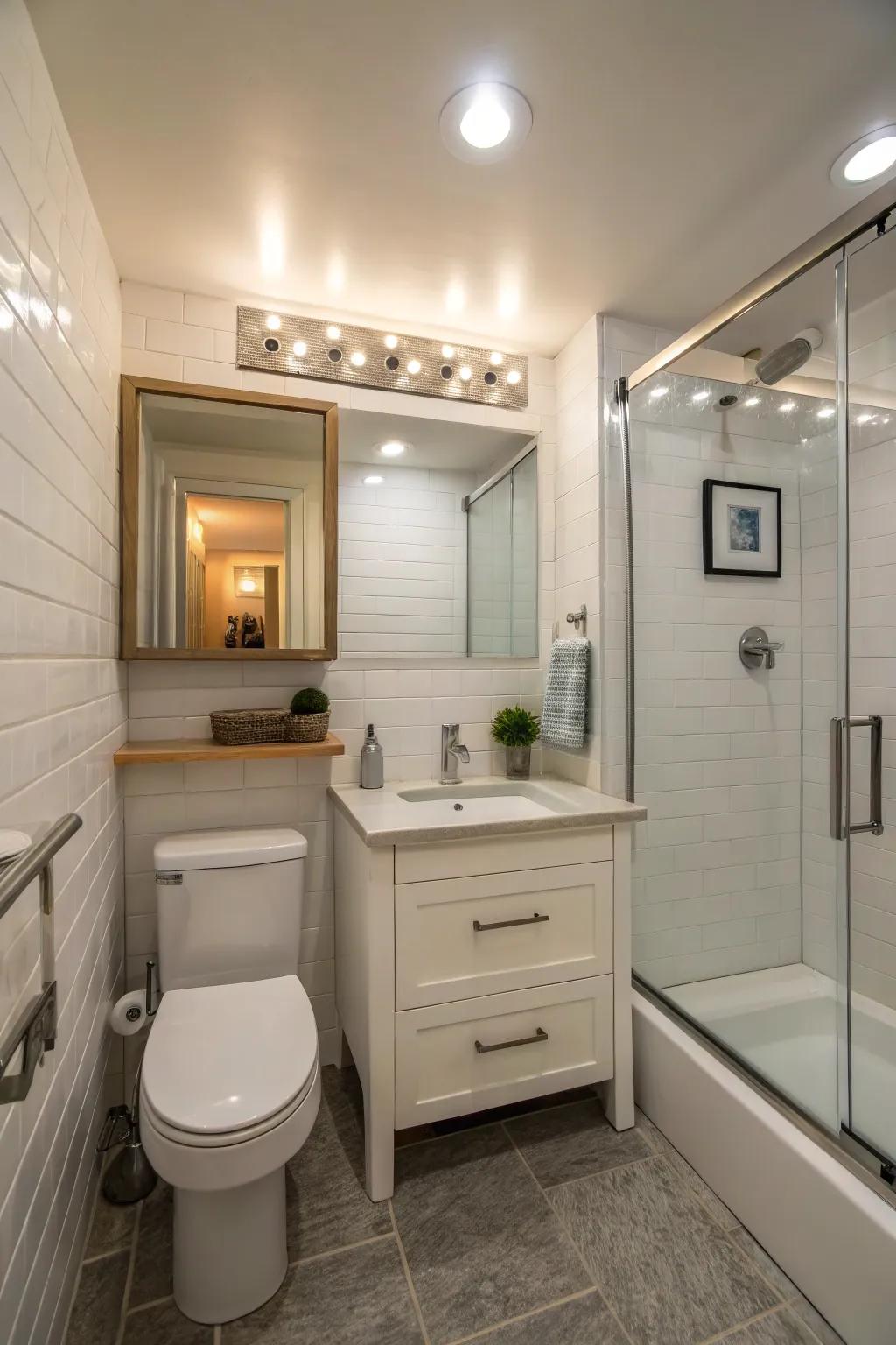 Small-scale track lights are optimal for maximizing compact bathroom areas.