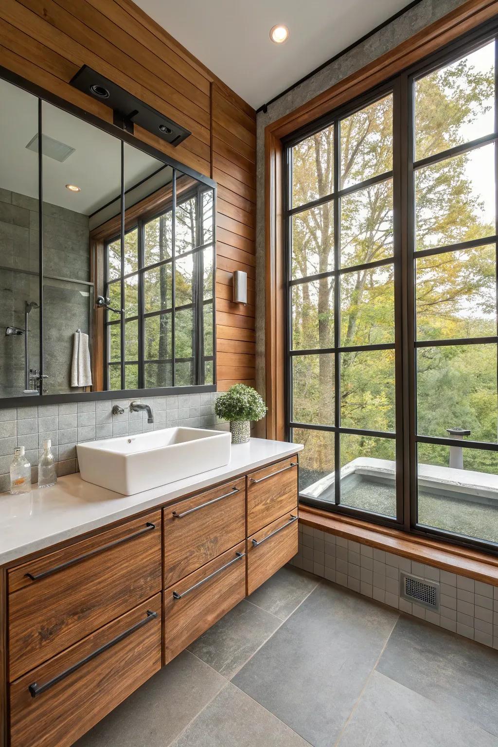 A mix of materials enhances the texture of the bathroom windows.