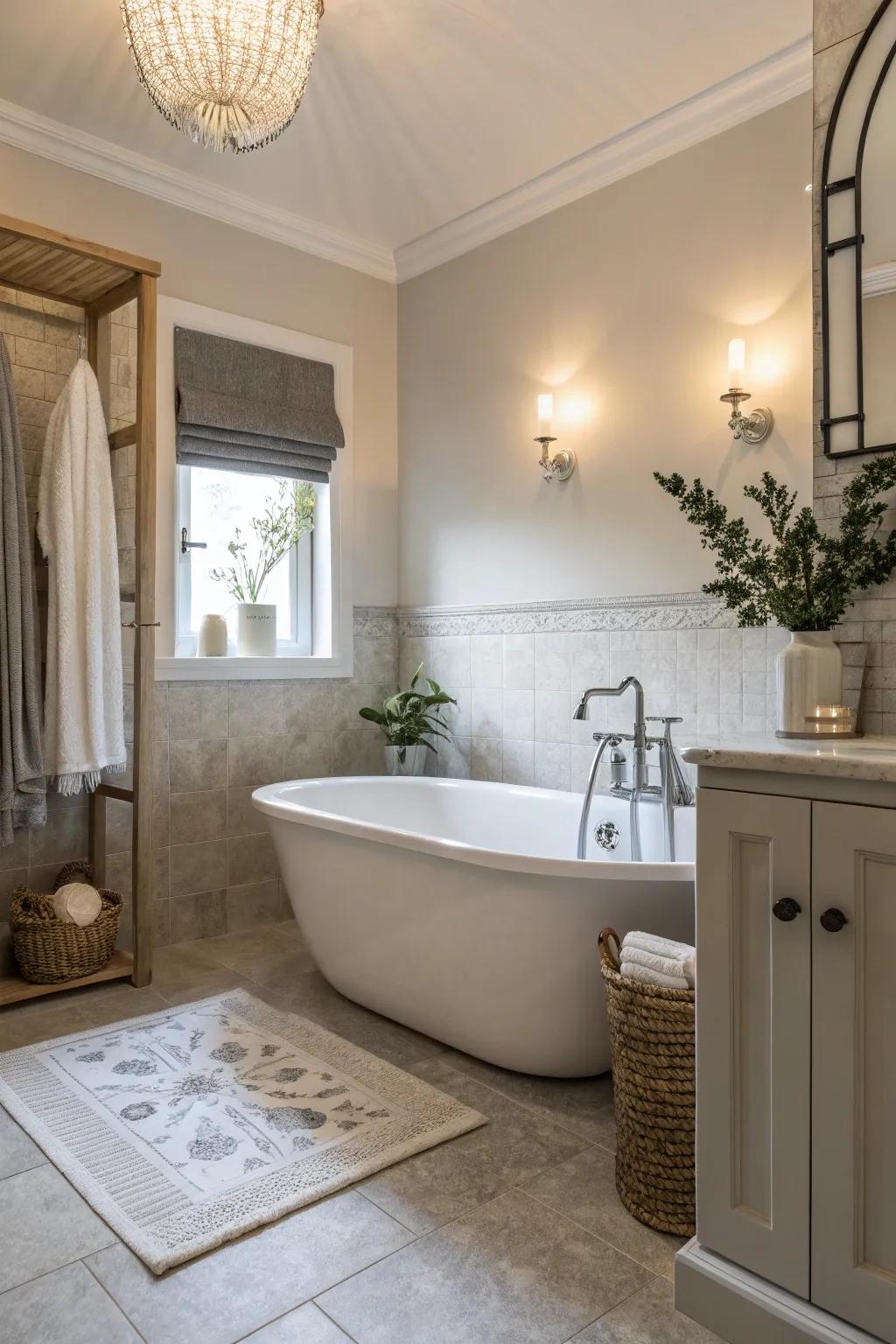 Pale colors foster a tranquil atmosphere in this bathroom.