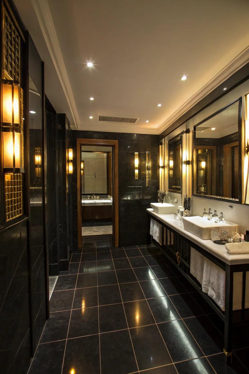 Purposeful lighting enhances the luminosity and atmosphere of this bathroom.