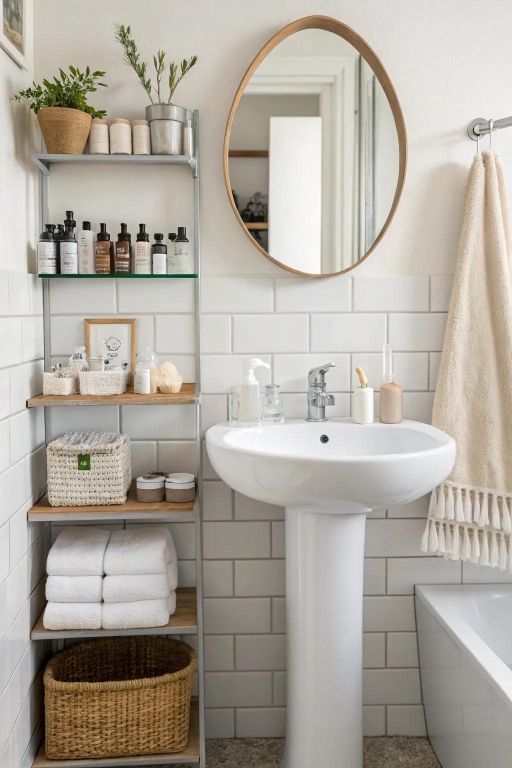 Exploit the utility of fashionable, space-saving shelving.
