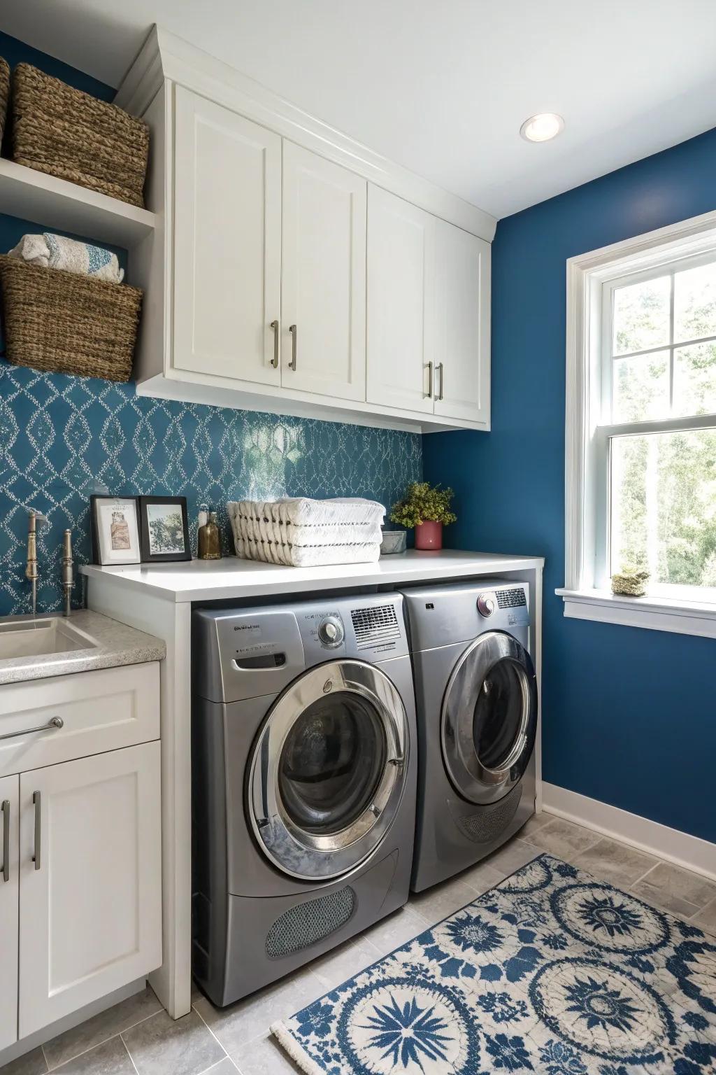 An accent wall adds a splash of color and style to the laundry area.