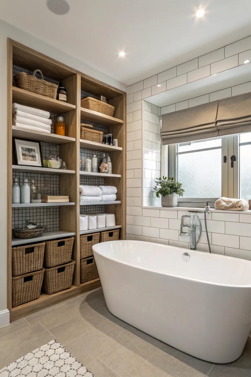 Harmonize style with functionality through integrated storage around your bathtub.