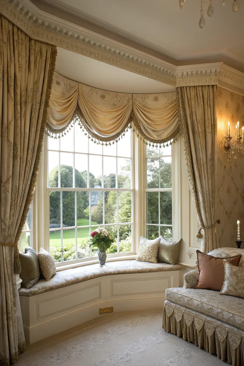 Swag and arched designs imbue windows with elegance.