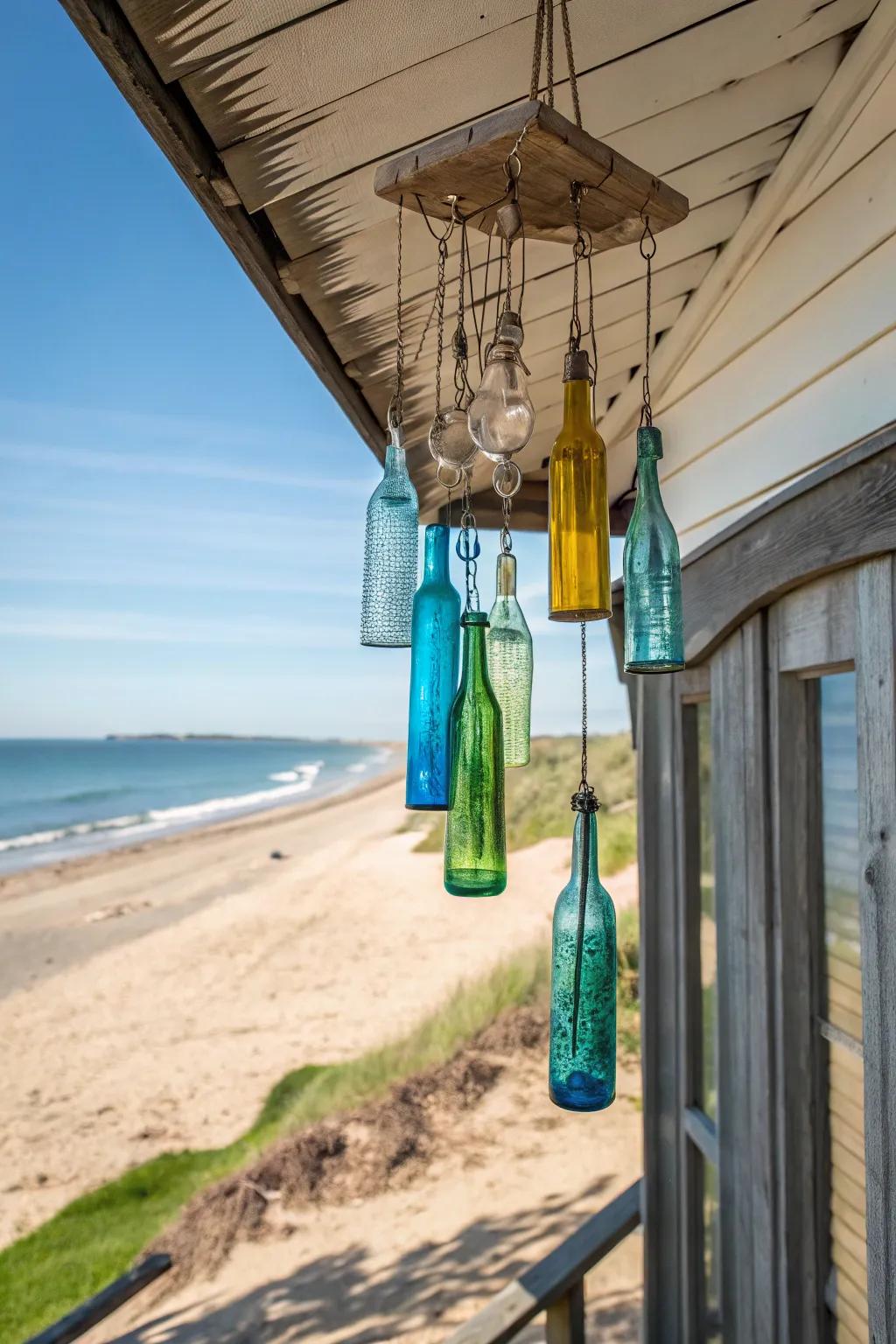 Upcycled bottle wind instruments add musical charm to the beach outbuilding.