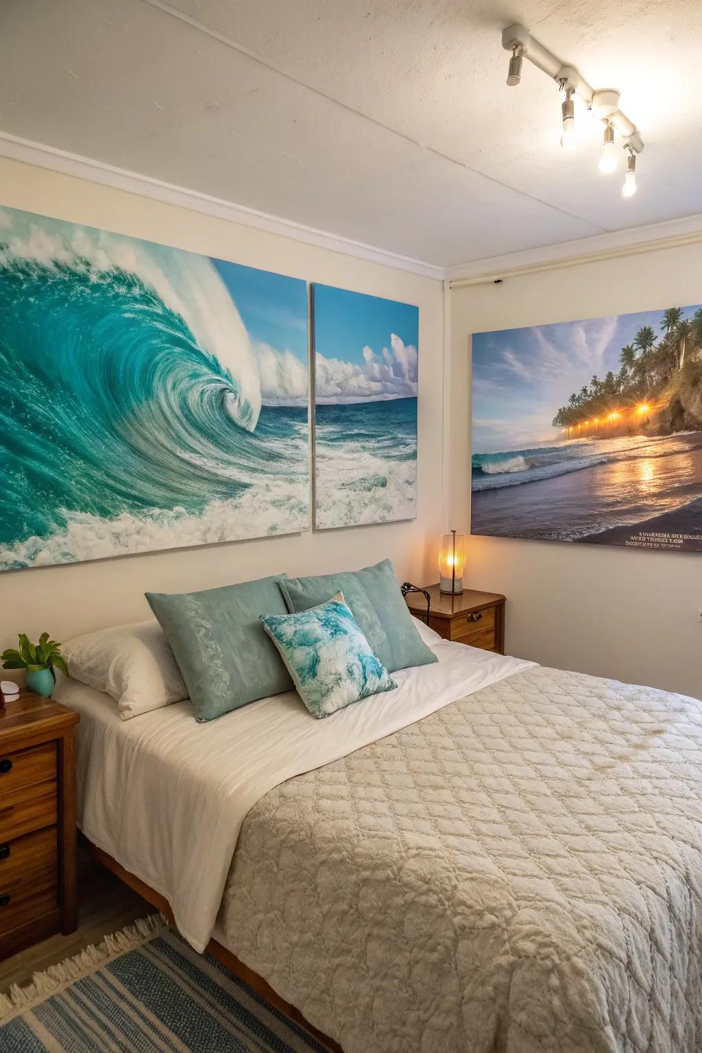 Ocean-inspired art transforms walls into windows with sea views.