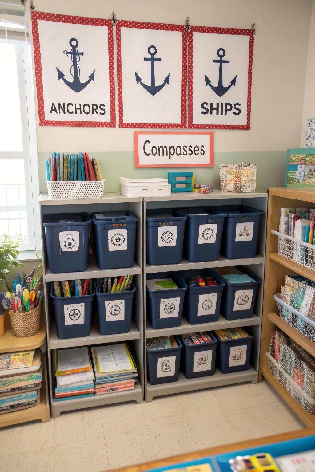 Nautical themed identifiers bring order and style to classroom organization.