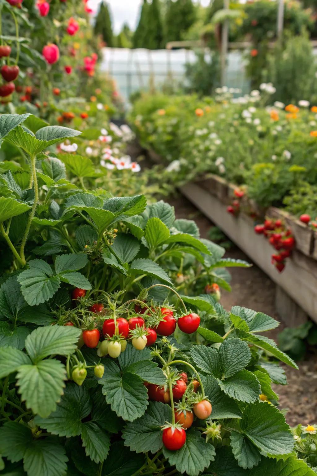 A lush garden brimming with strawberries and cherry tomatoes, mixing beauty with utility.