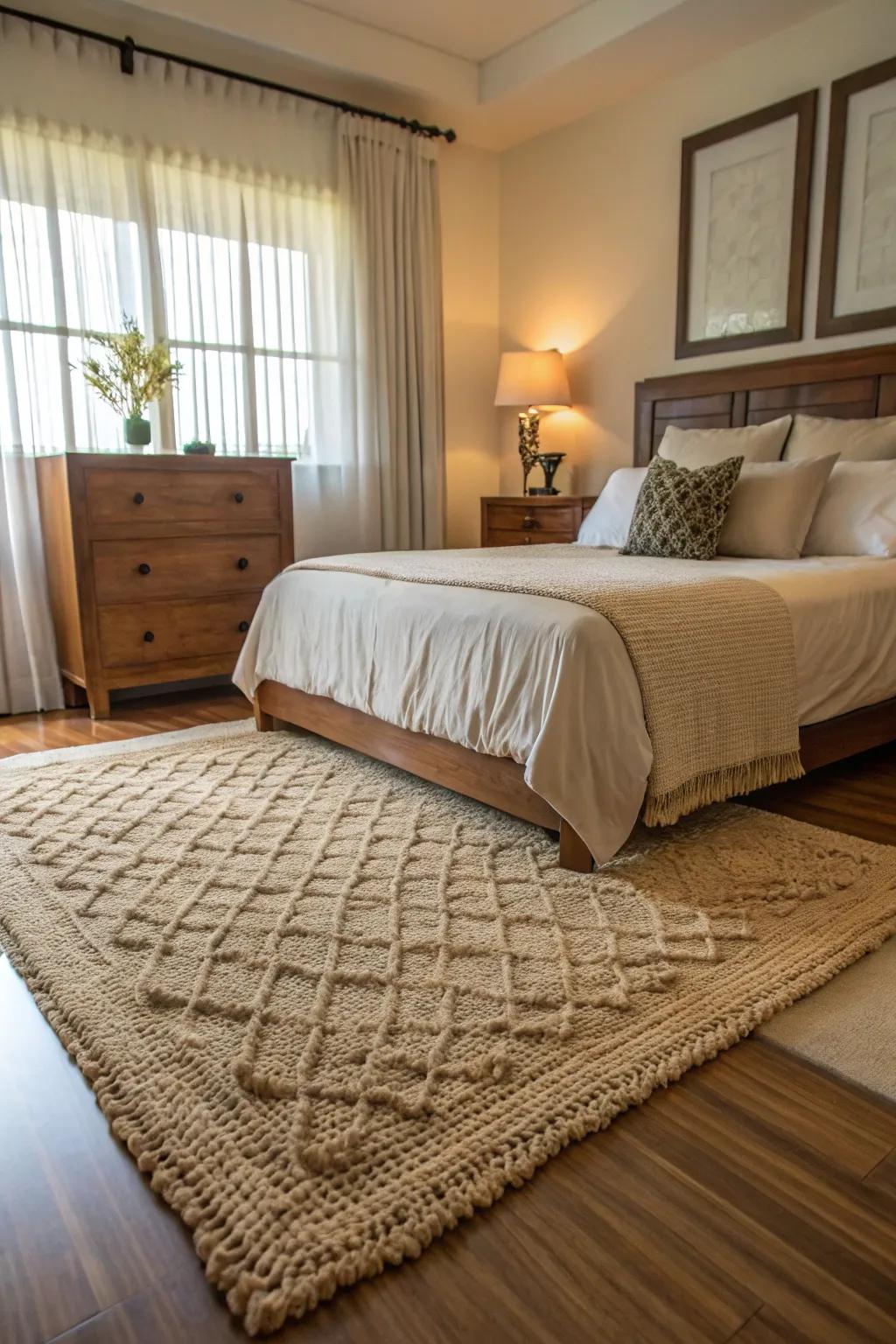 The warmth and texture of a cozy rug enriches the bedroom floor.