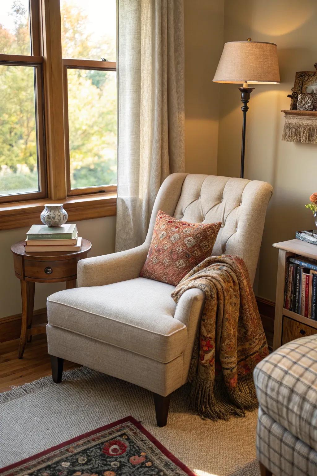 Design a snug nook using comfy seating.