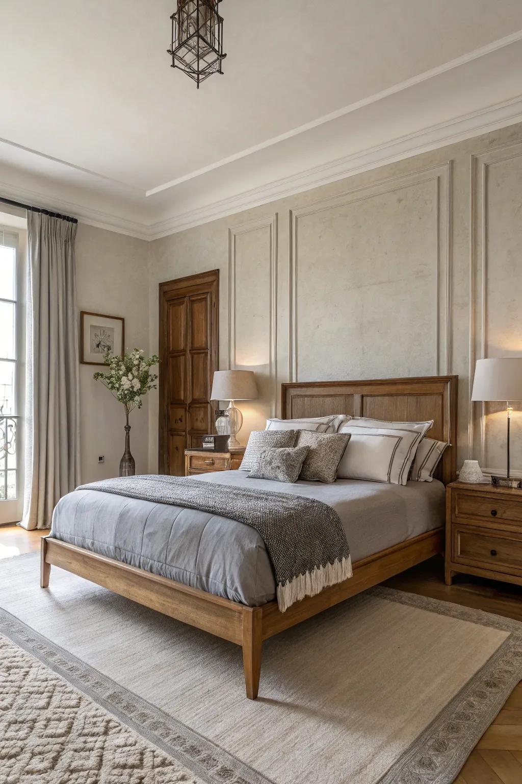 A minimalist bedroom featuring elegant decor, radiating calm and sophistication.