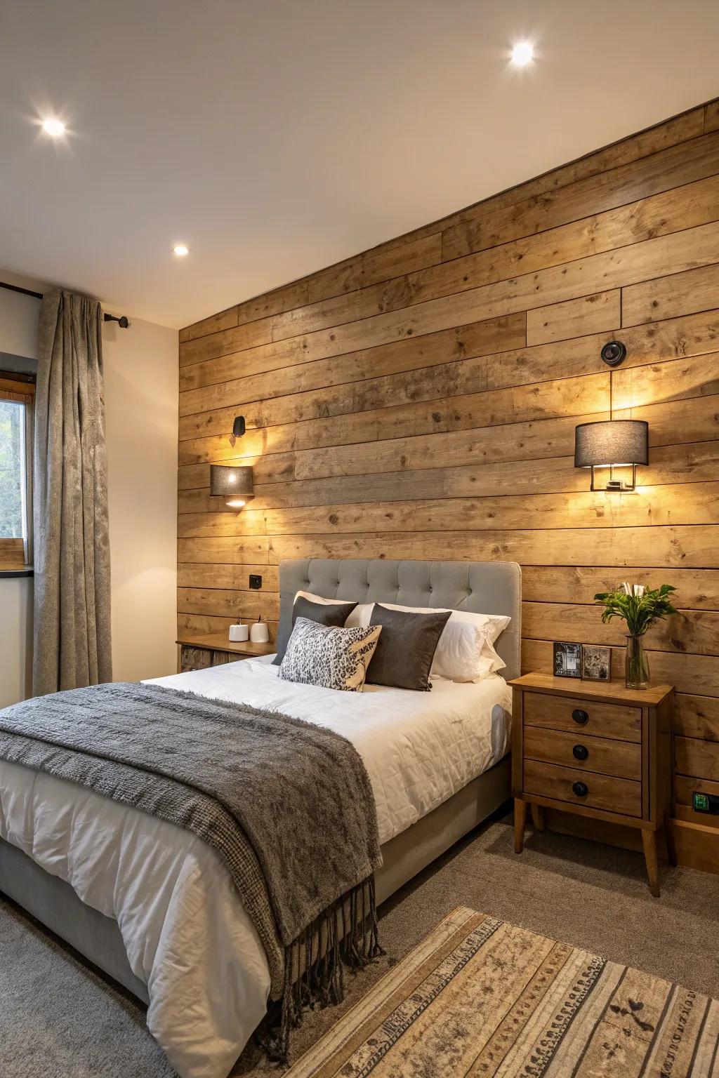 Timber cladding gives warmth and texture to this bedroom's feature wall.
