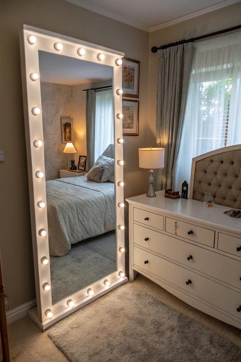 A mirror with built-in lighting, combining functionality and style in the bedroom.
