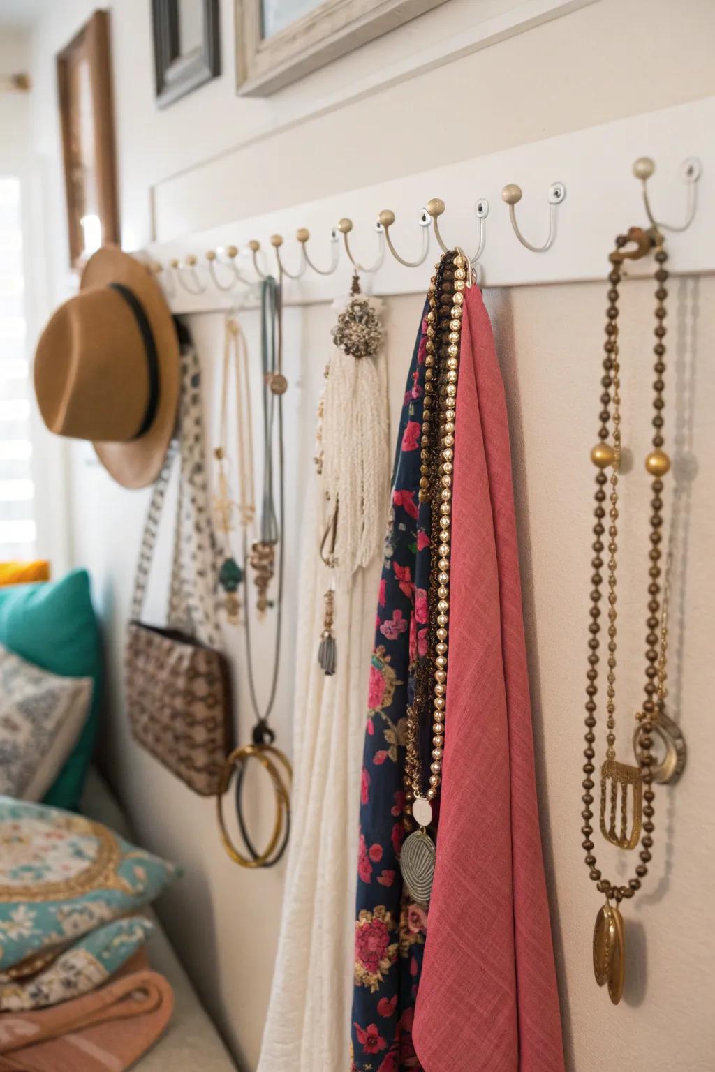 Keep your accessories arranged and showcased using wall hooks.