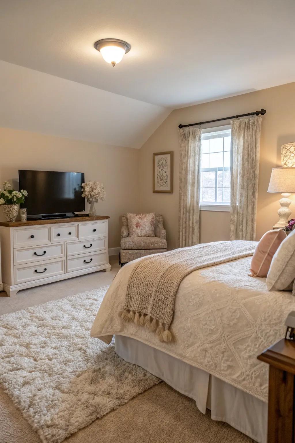 A neutral color scheme offers a soothing backdrop for your TV sitting area.
