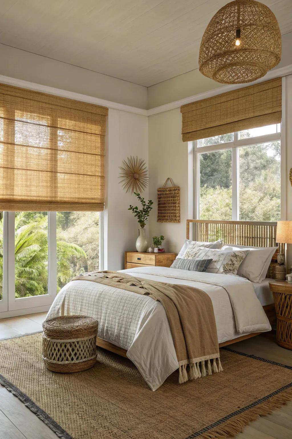 Bamboo shades contribute a cozy, natural element to bedroom decor.