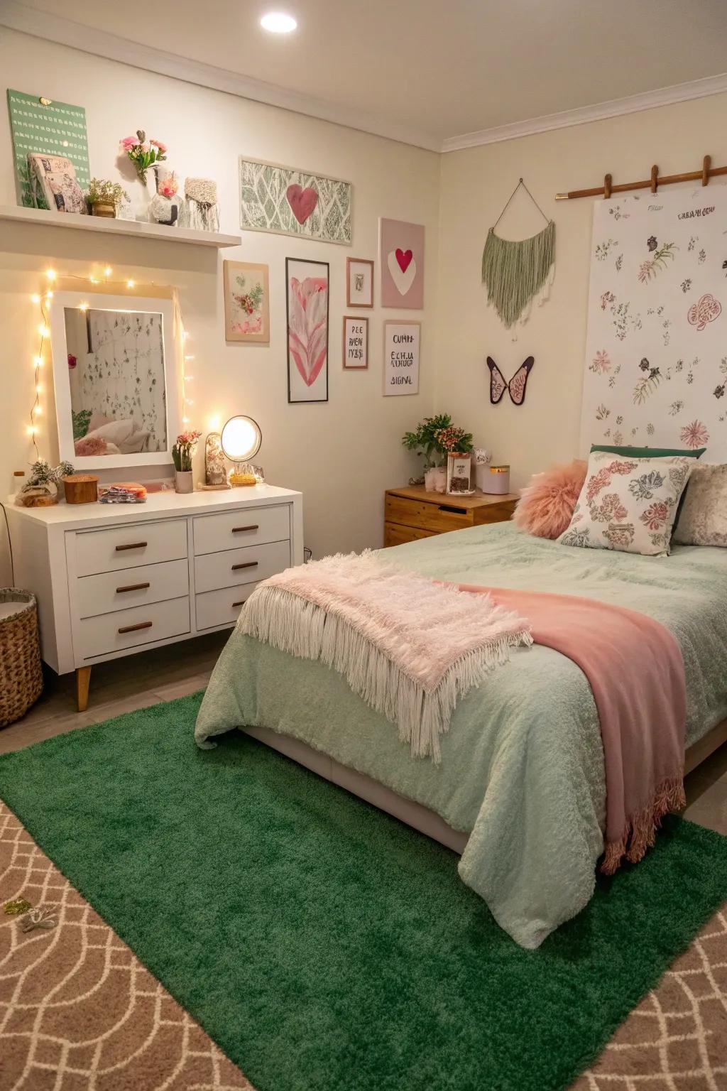 Personalized art and decor add character to the bedroom, harmonizing with the verdant floor covering.