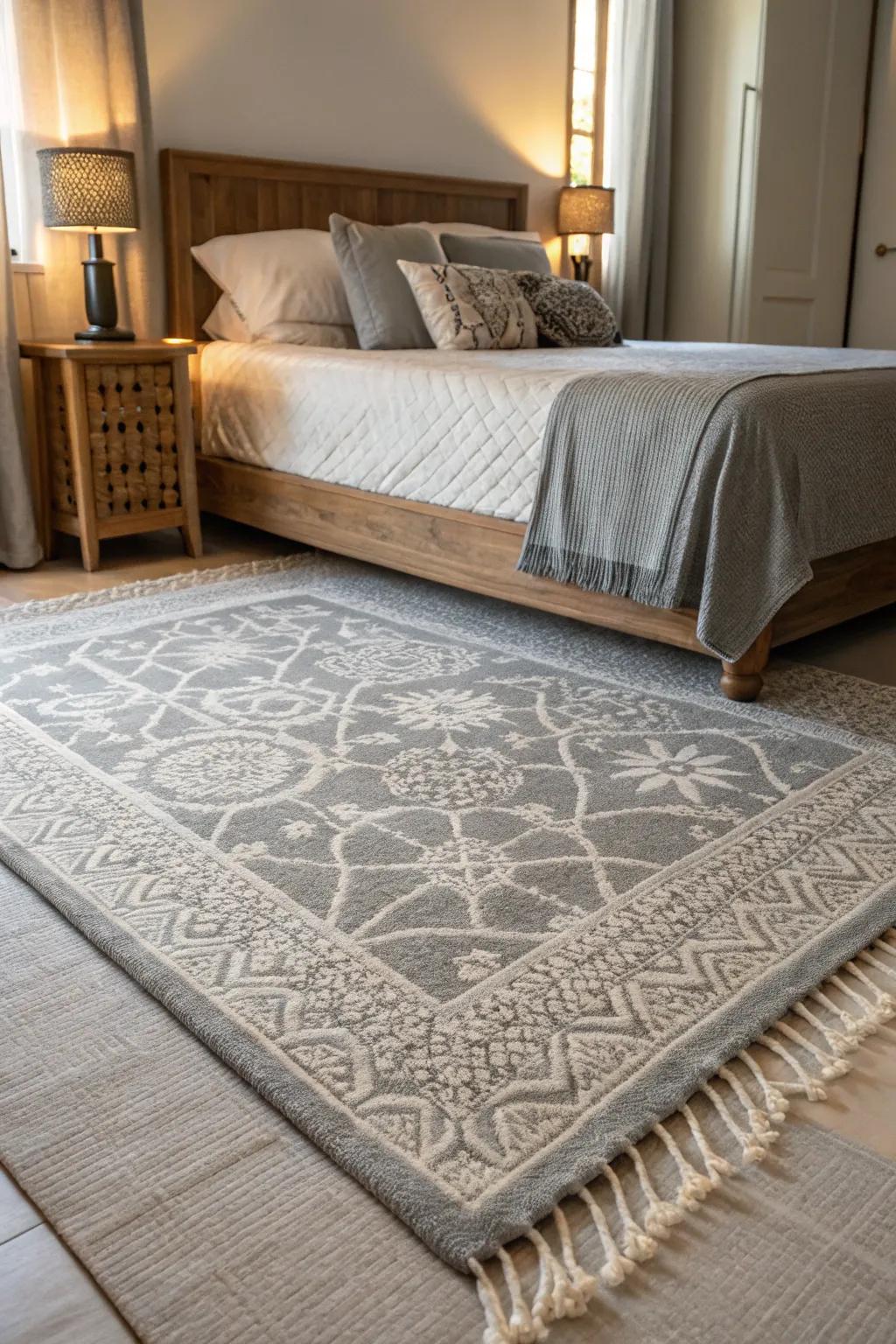 A grey rug grounding the area with texture.