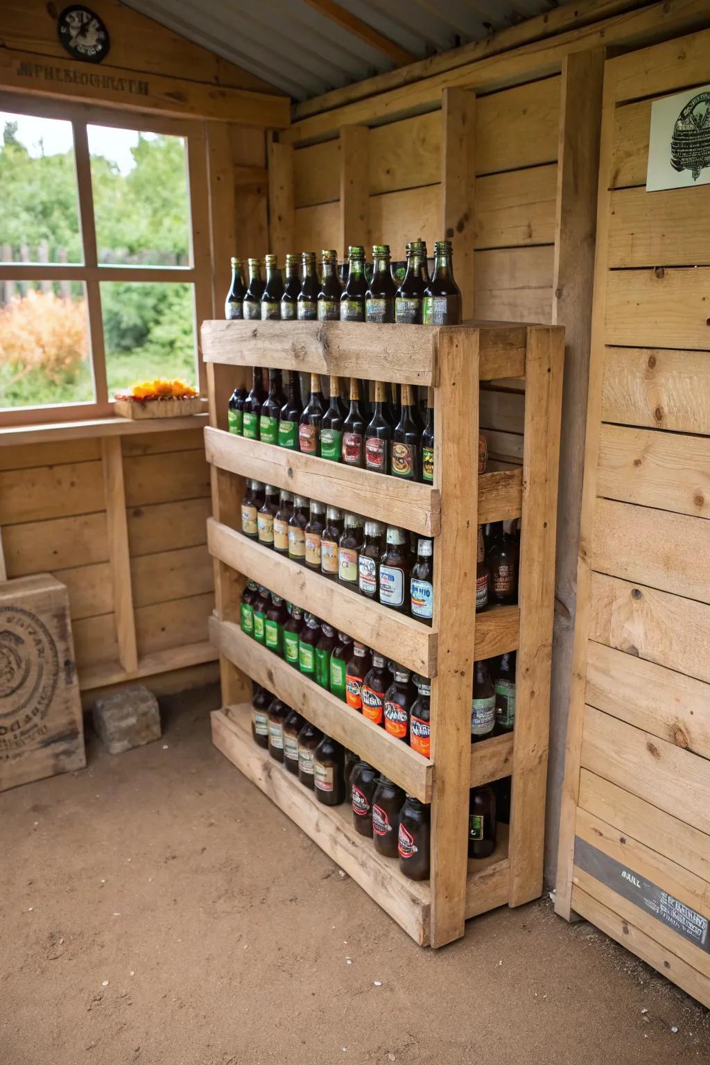 A reclaimed pallet mount in a garden outbuilding safeguarding brew bottles.