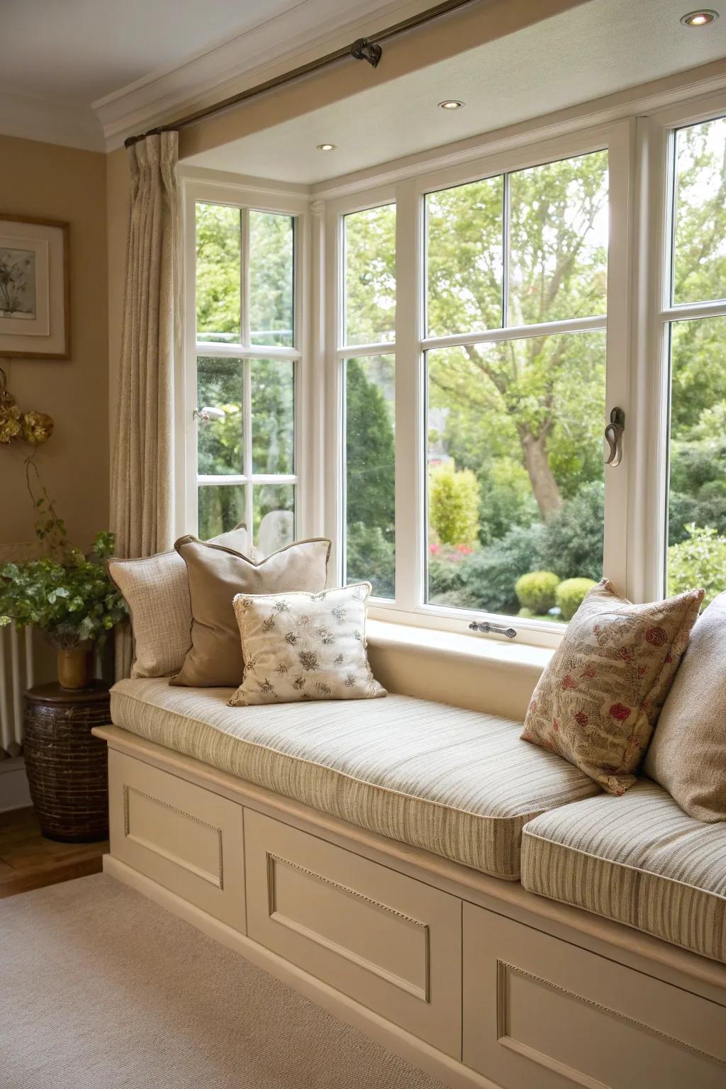 A snug window area provides the ideal escape within a beige interior.
