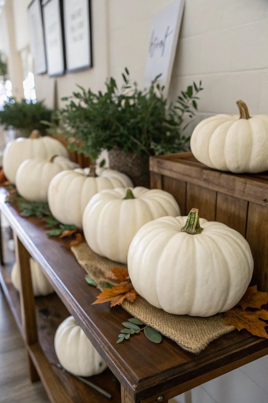Modernize your fall decorations through elegant ivory gourds.