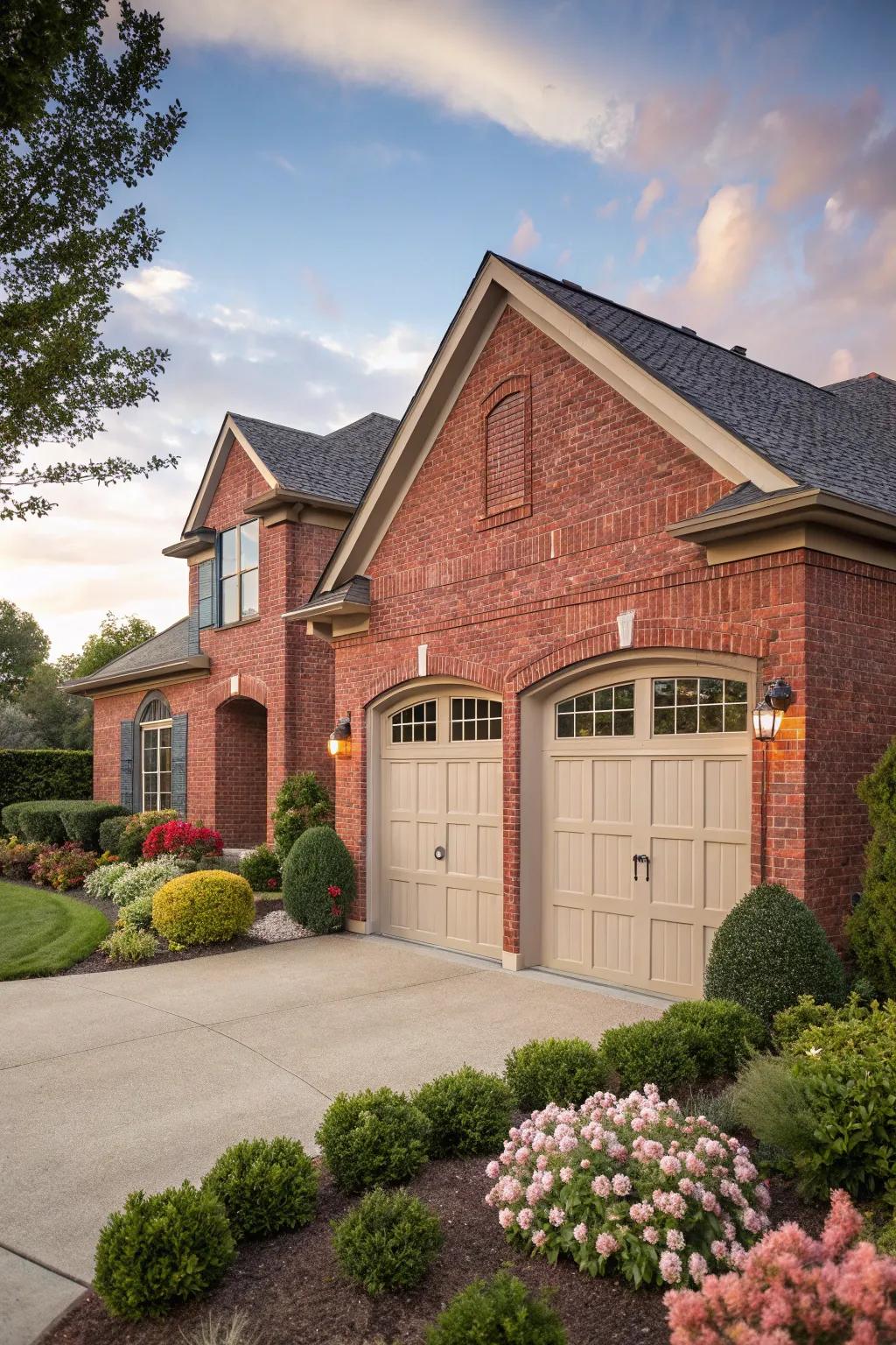 Fawn garage doors offer subtle elegance to red brick homes.