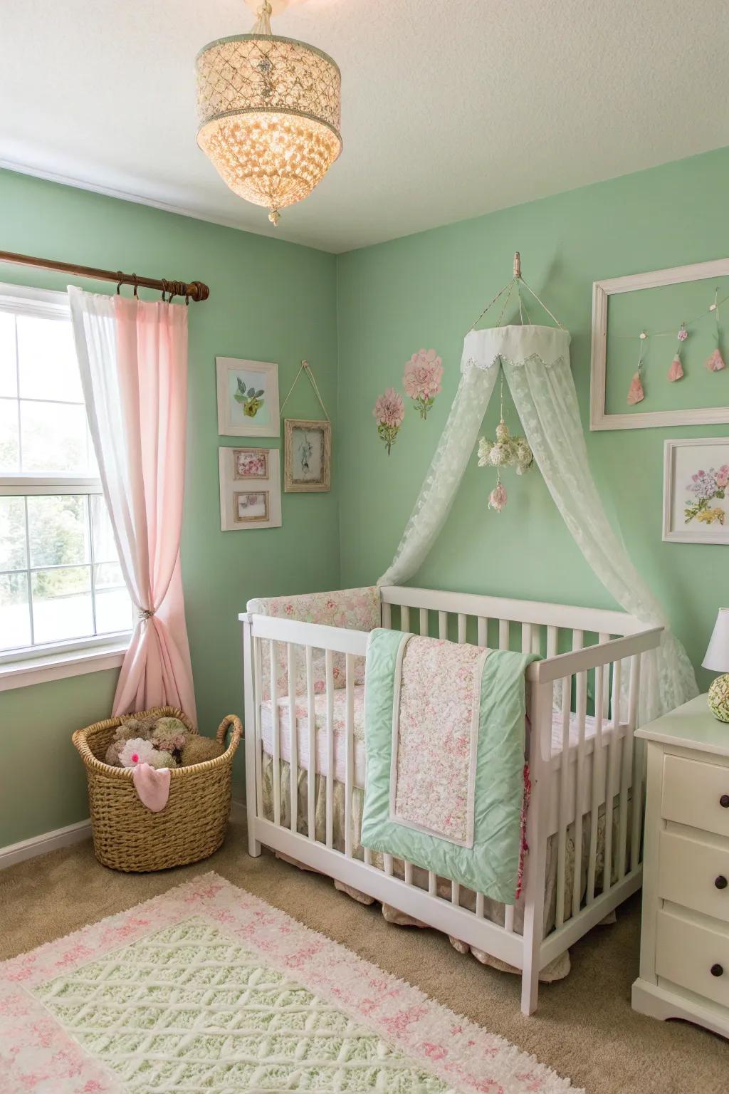 A gentle and inviting nursery with pistachio green walls.