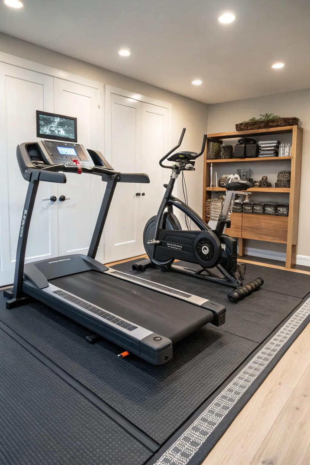 Cardio zones featuring specialized flooring for tranquil, effective workouts.