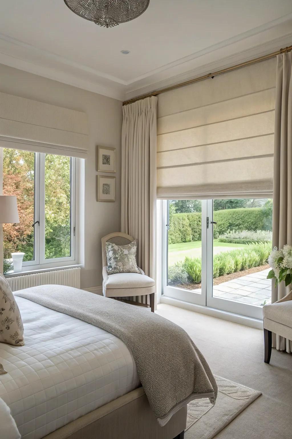 Intelligent shades in a bedroom adjust to the best setting, balancing privacy and natural light beautifully.