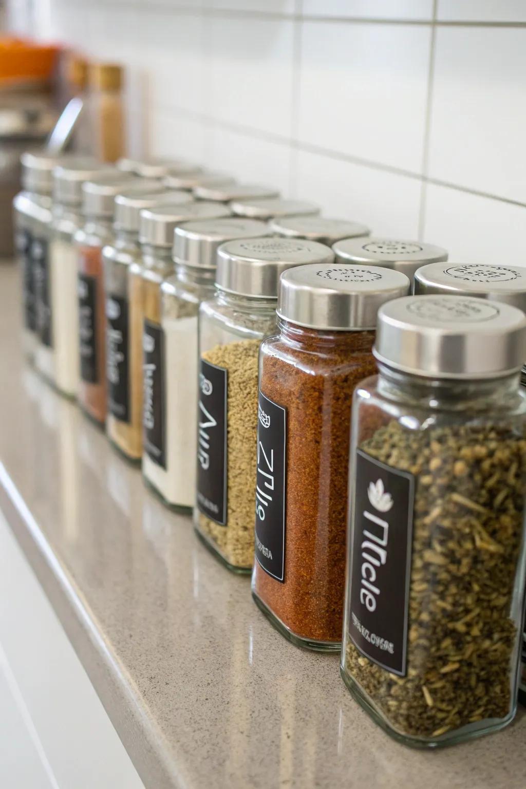 Matching glass containers for a cohesive spice exhibit.