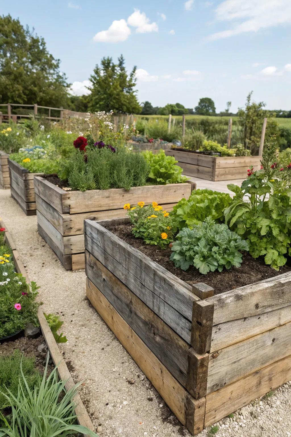 Repurposed lumber adds a rustic and sustainable feel to your garden.