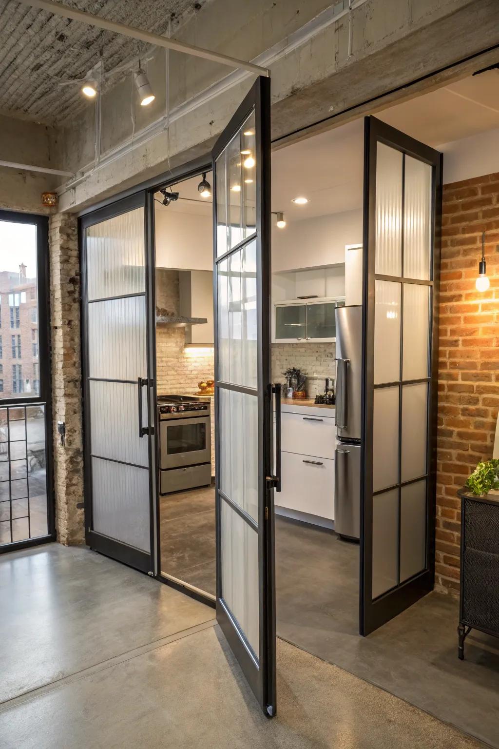 Frosted glass folding doors offer seclusion while preserving brightness.