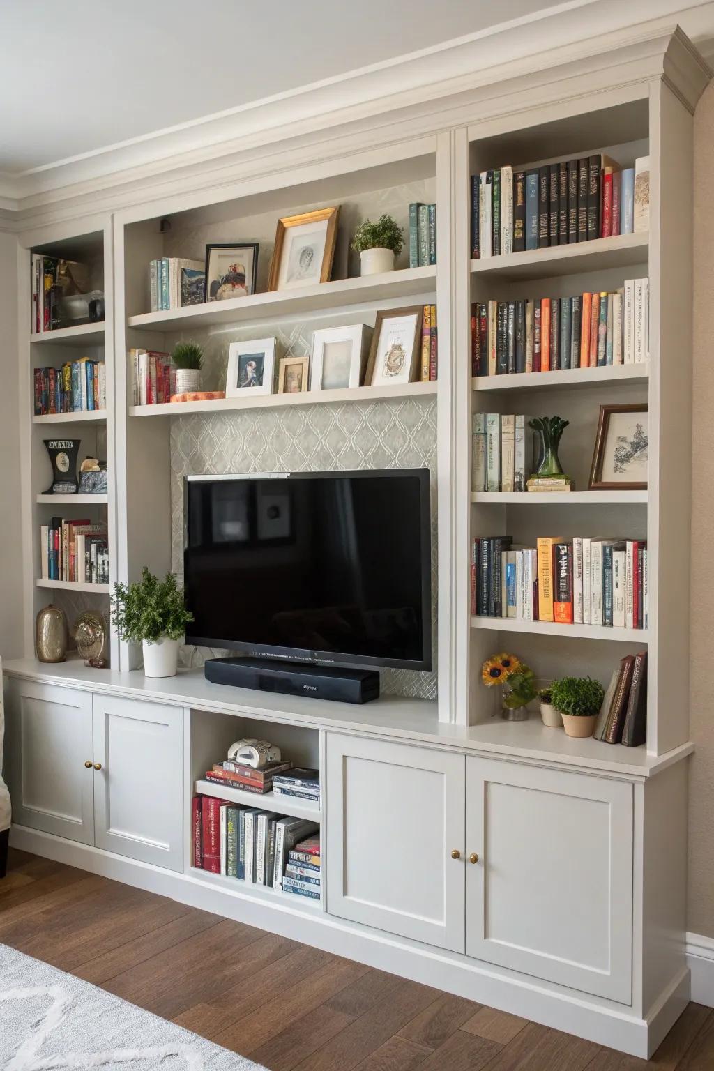 Stylish storage options are offered by built-in shelving.