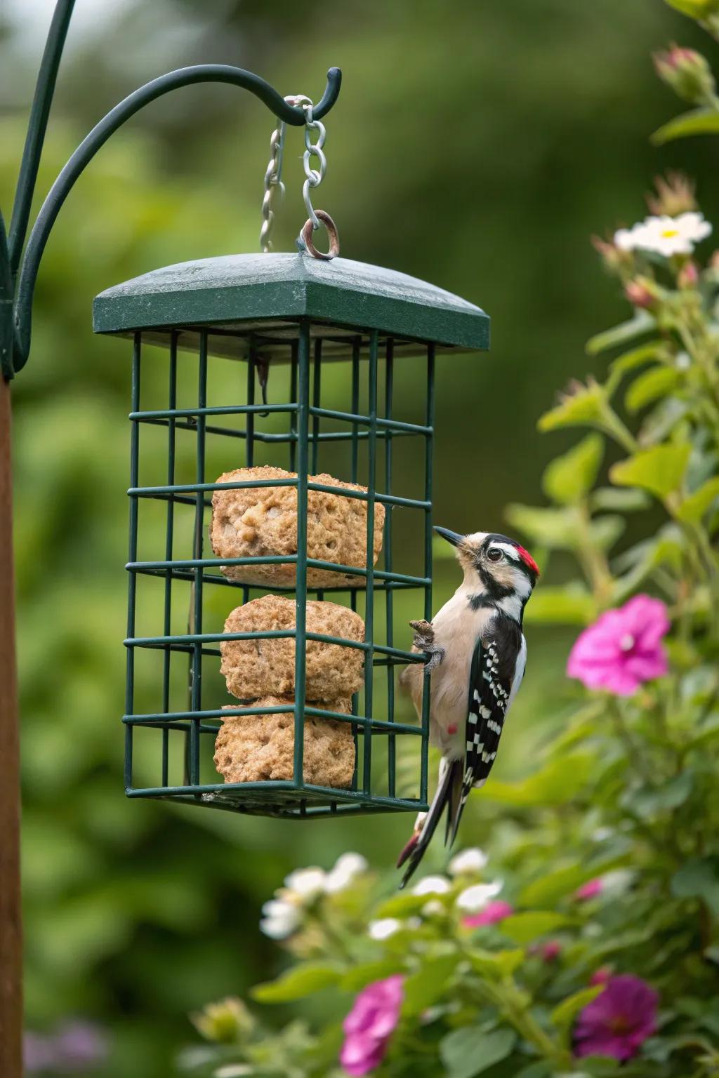 A suet treat feeder perfect for attracting woodpeckers and other birds.