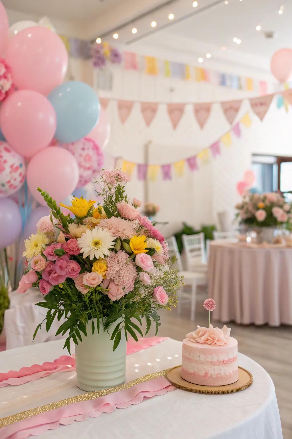 Lovely floral accents give beauty to a birthday celebration design.