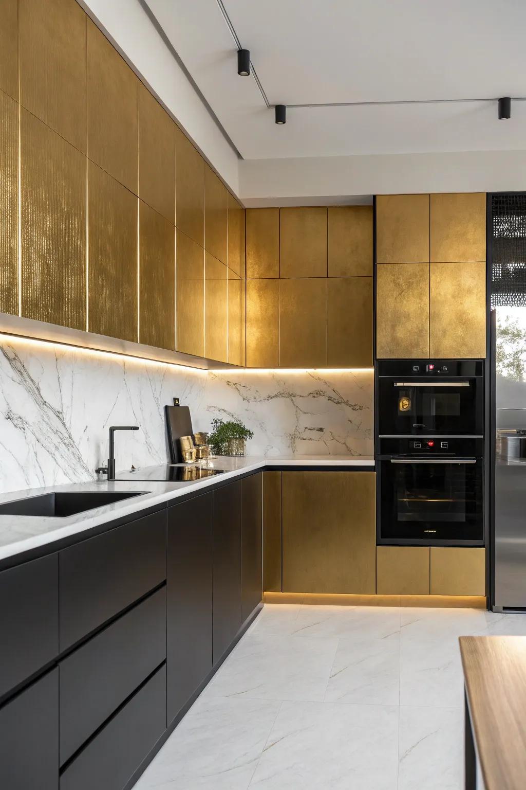 Gilded splashbacks paired with ebony appliances create a striking look.