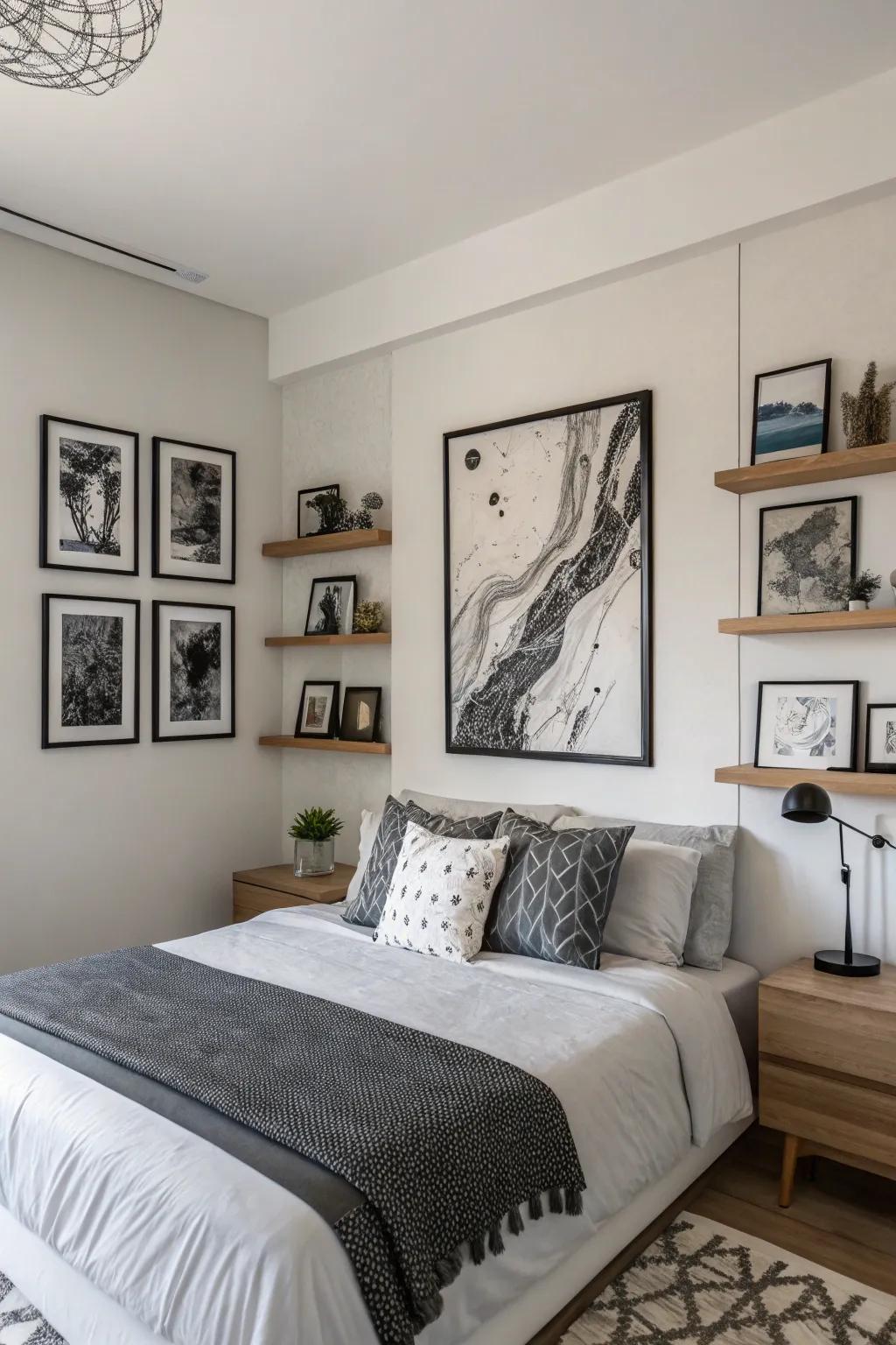 A bedroom decorated with onyx and gray abstract art pieces.