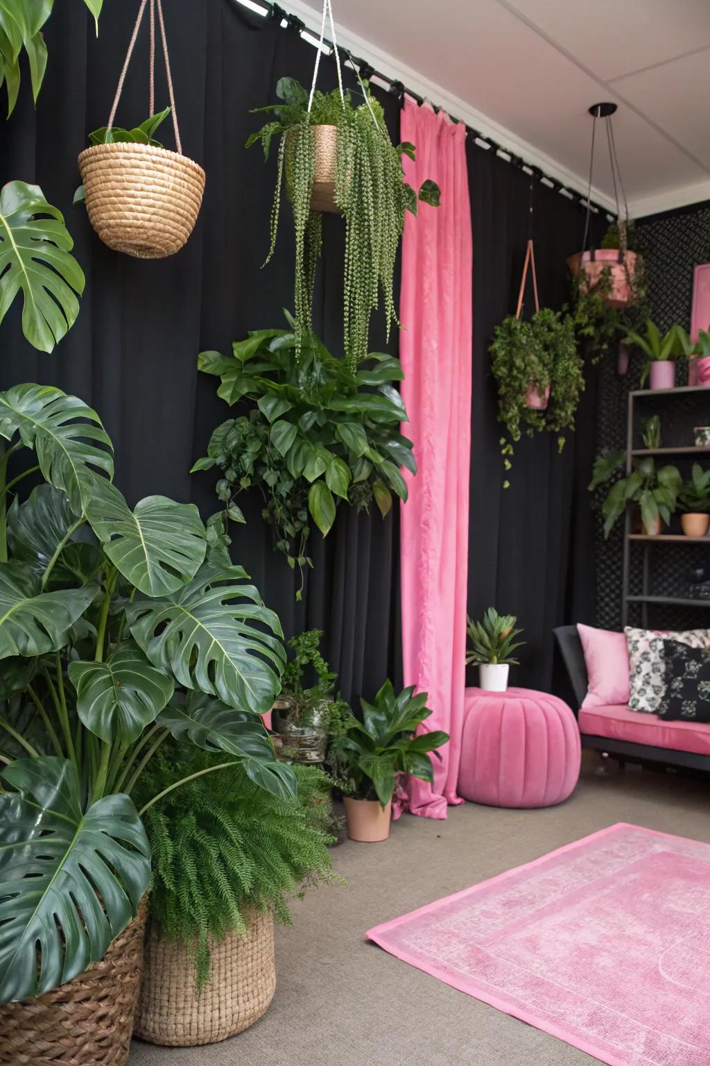 Greenery provides a refreshing contrast to the rose and onyx theme.